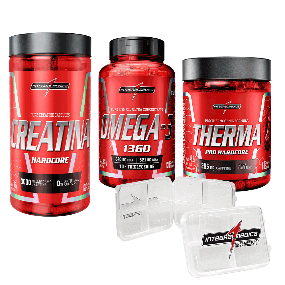 Promopack Creatina Hardcore 120 caps + Ômega 3 120 caps + Therma Pro 120 caps + Porta Cápsulas